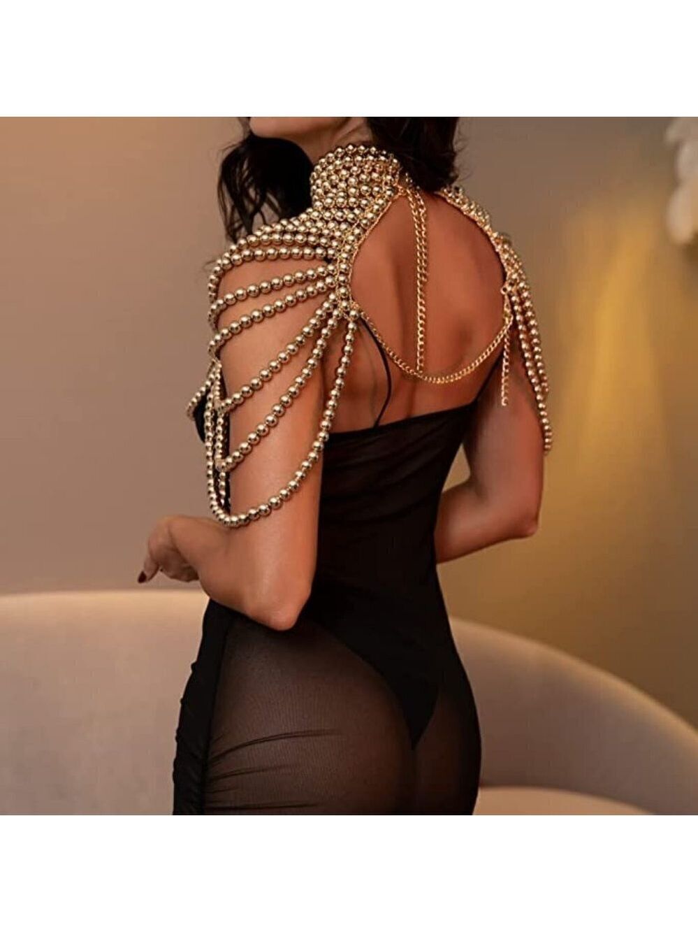 QUEEN Gold Pearl Body Chain Sexy Bra Fashion Shoulder Necklaces Harness Jewelry - Picture 6 of 7